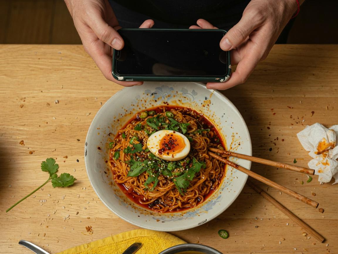 Hands photographing a noodle bowl