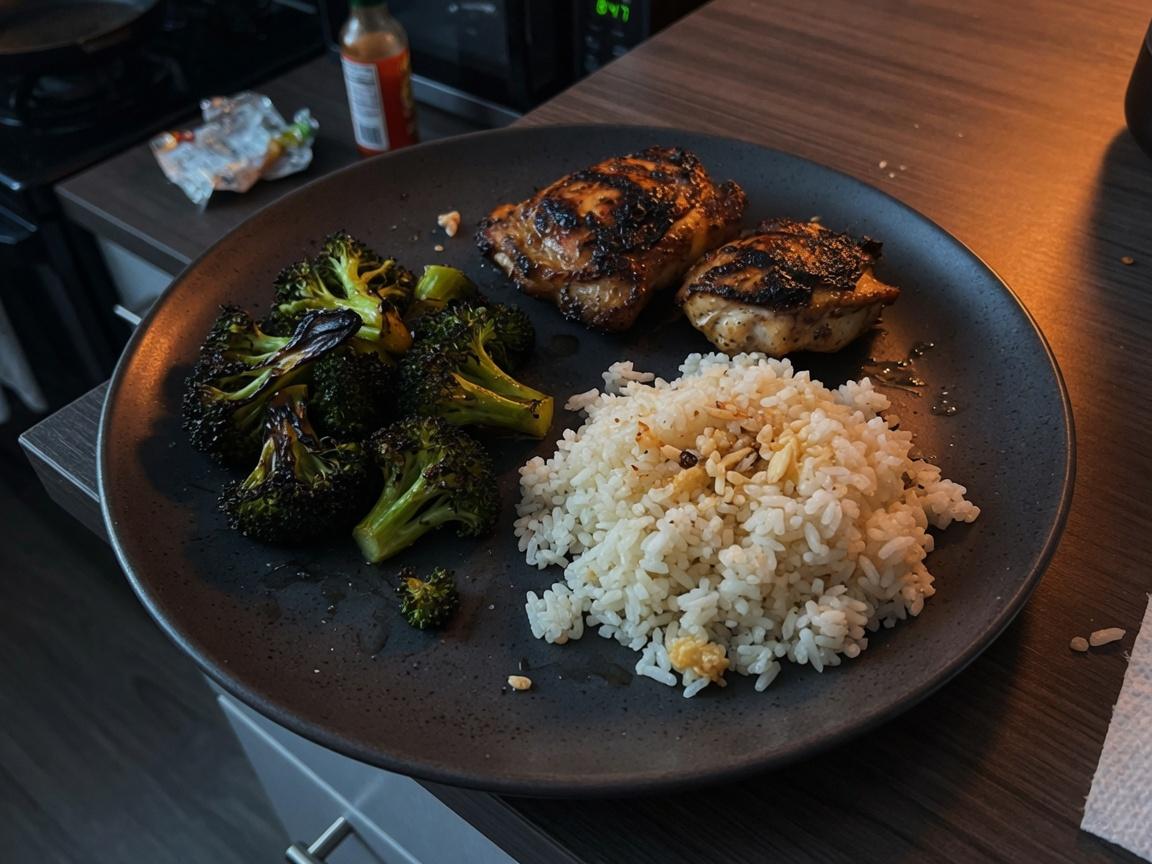 A normal weeknight plate of chicken, rice, and broccoli