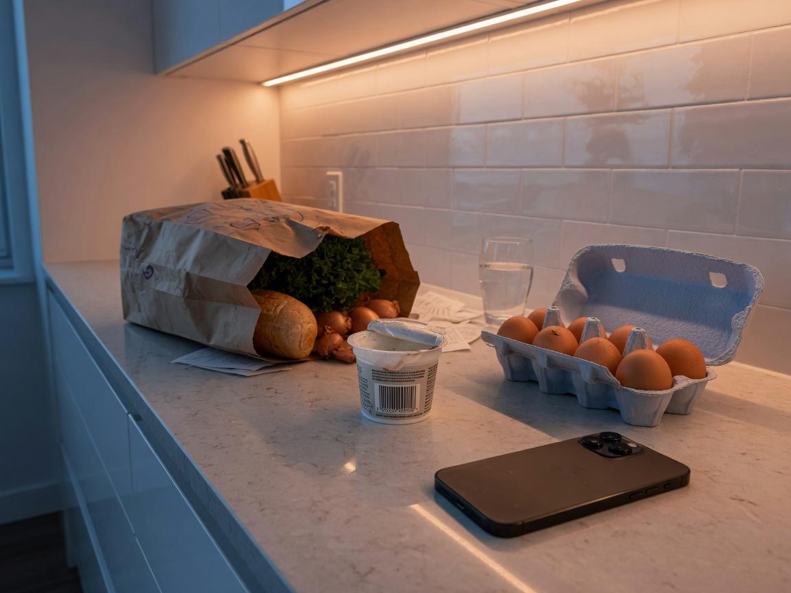 Kitchen counter with groceries and a yogurt cup barcode
