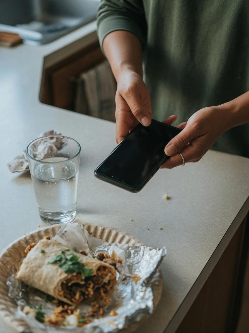 Typing on a phone next to a burrito