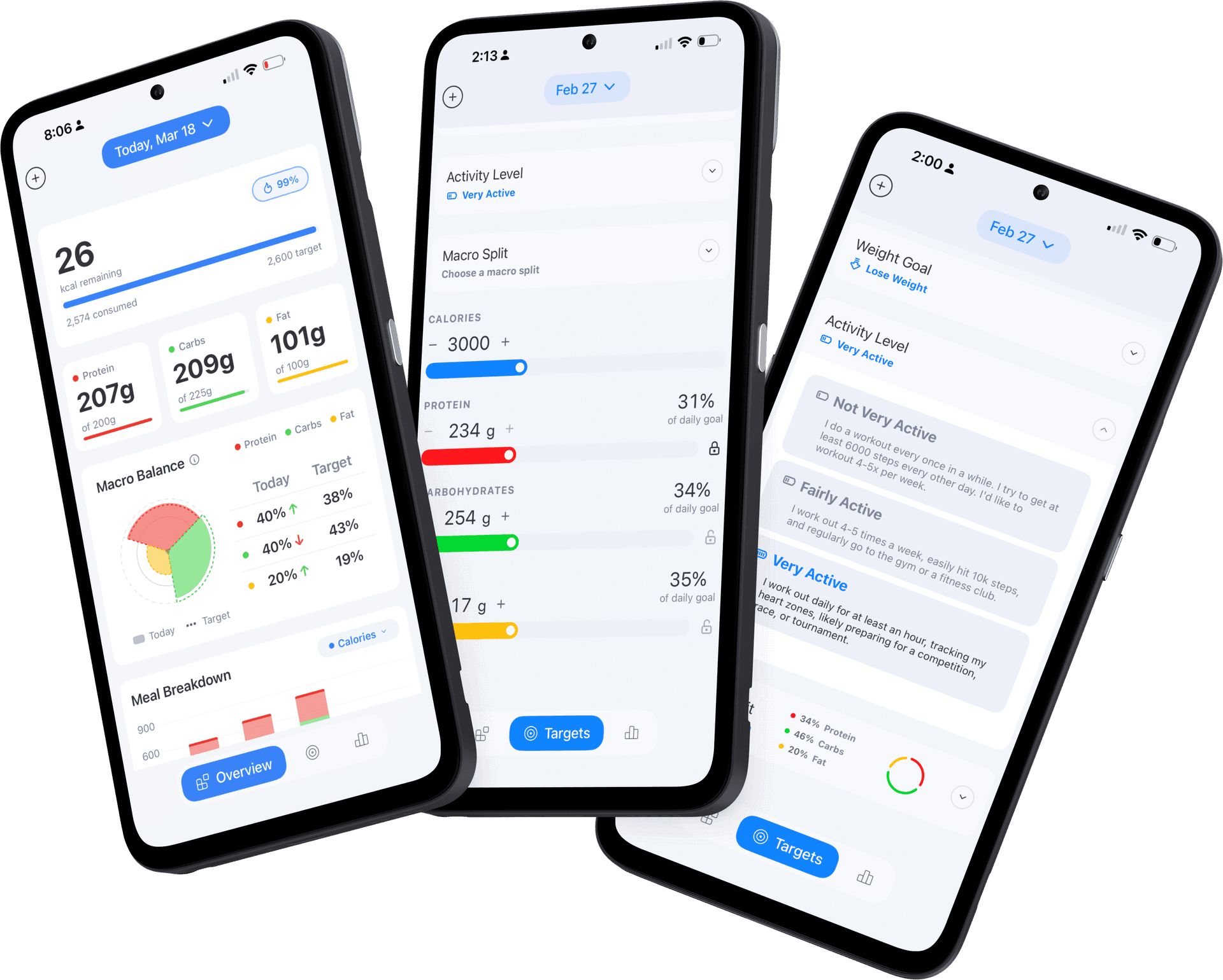 Three phones showing progress tracking, targets, and activity settings