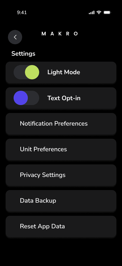 Makro text opt-in setting in the app