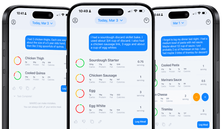 Three phones showing different meal logs in the Makro app
