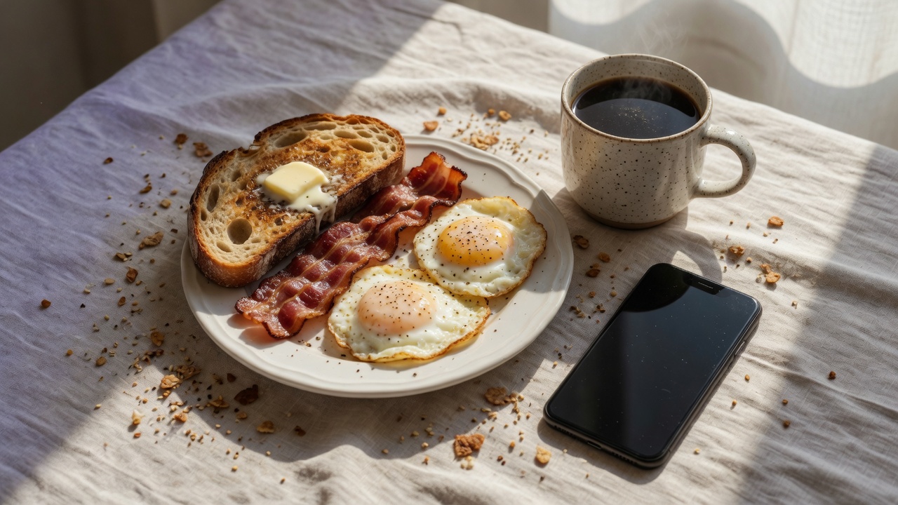 Eggs, bacon, toast, and coffee on a sunlit table
